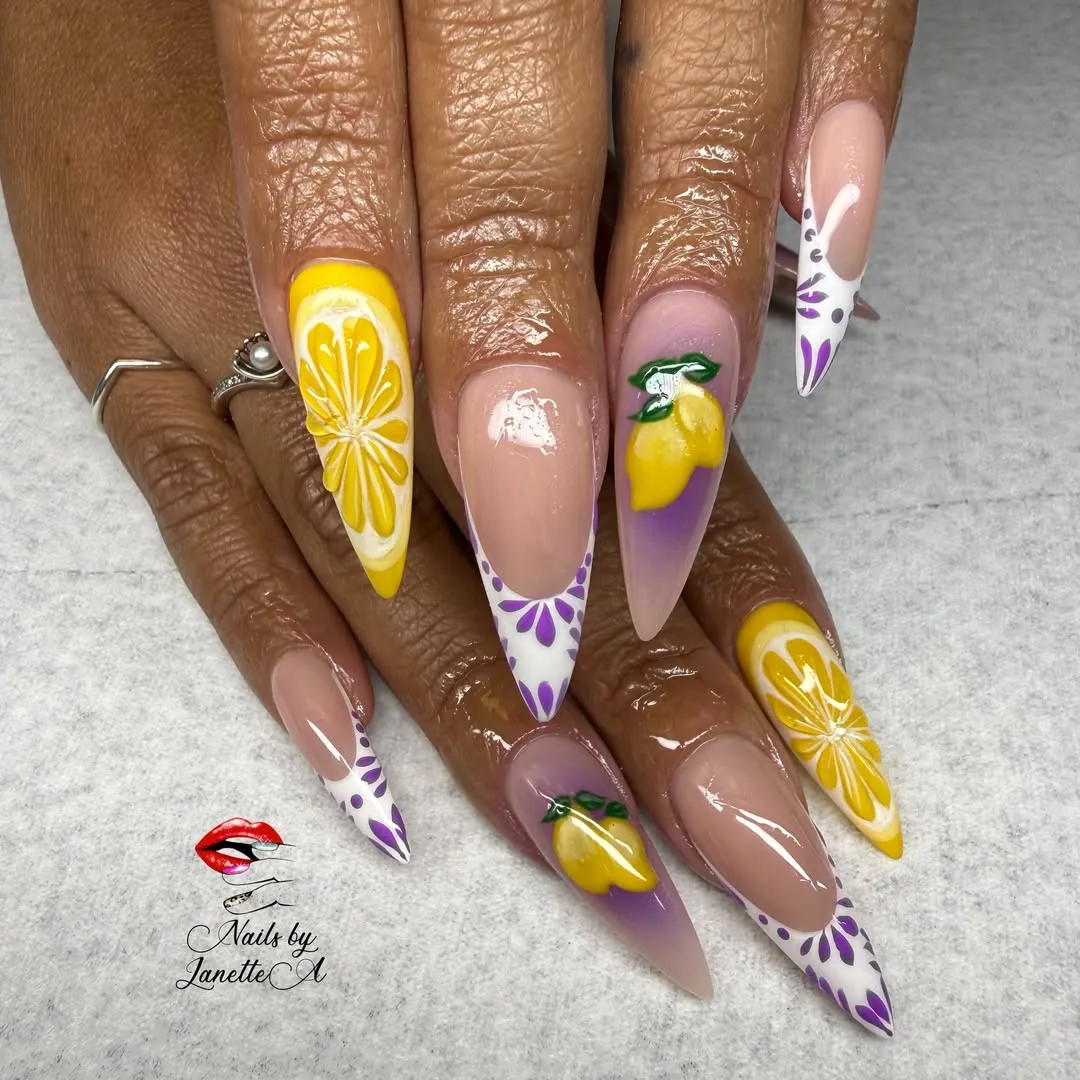 Stiletto set with citrus art and purple-yellow fruit accents