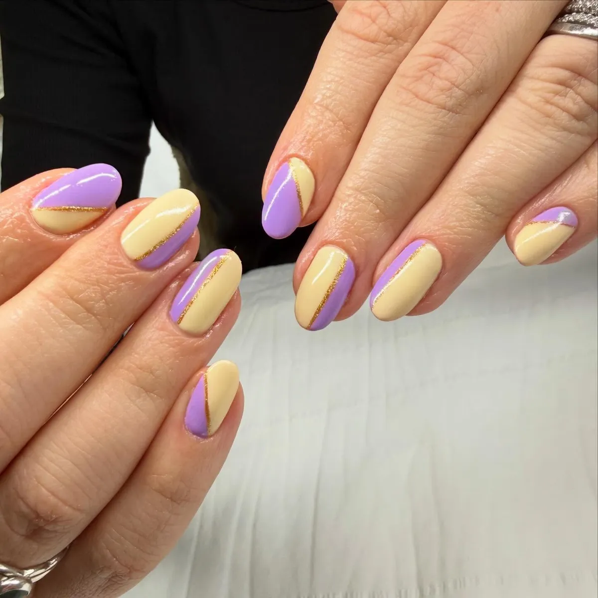 Lavender and pale yellow diagonals with gold line