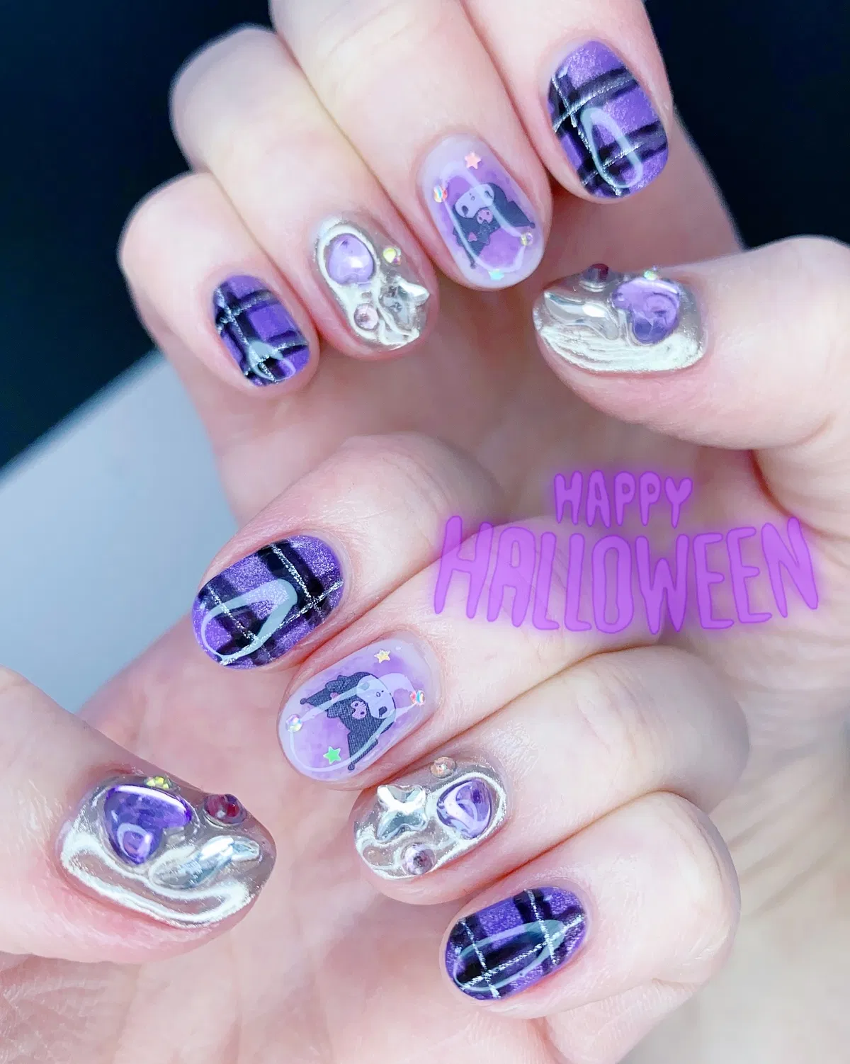 Purple plaid with 3D silver embellishments and character art