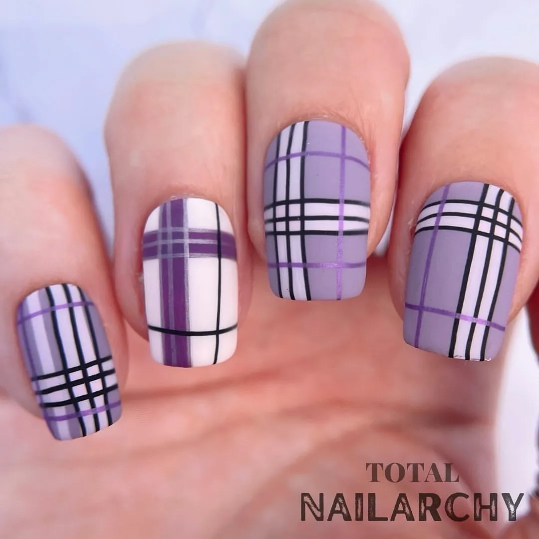 Lavender-and-white plaid with black and purple linework