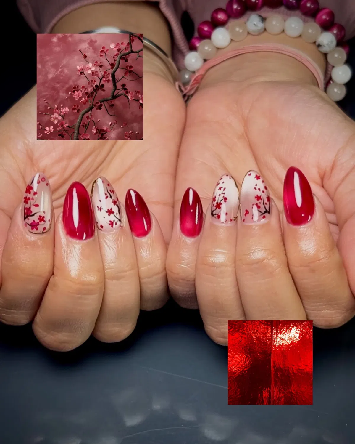 Red glossy set with floral branch accent nails