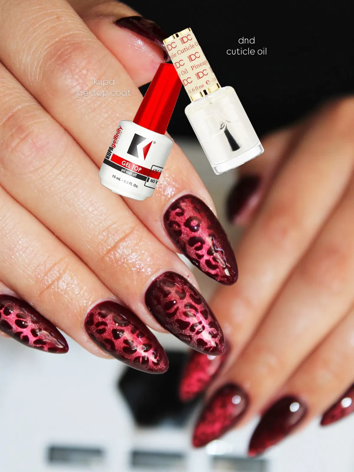 Red leopard-print nails with overlaid product images and text