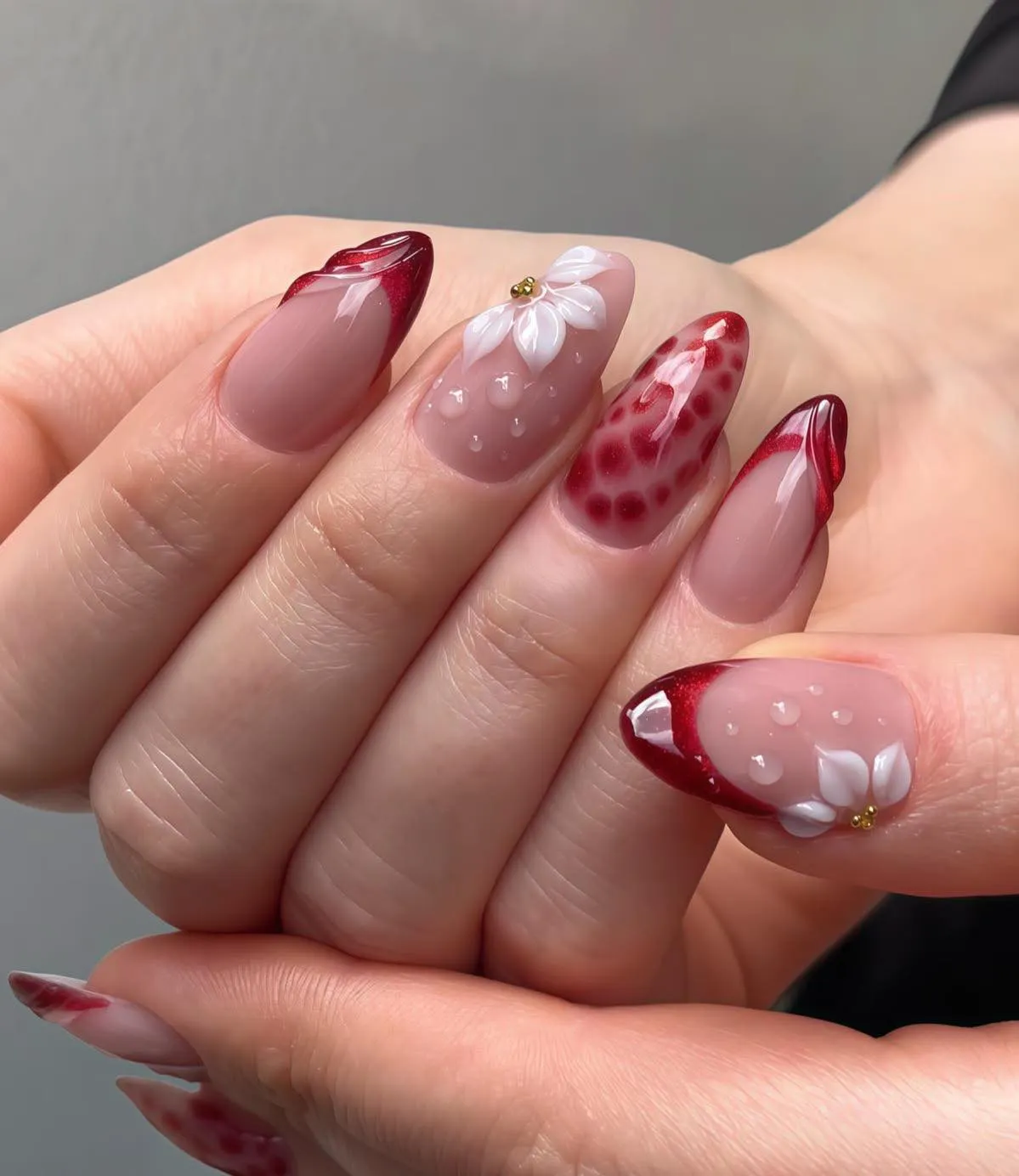 Mauve Base with Red Tips, White Florals, and a Red Spotted Accent