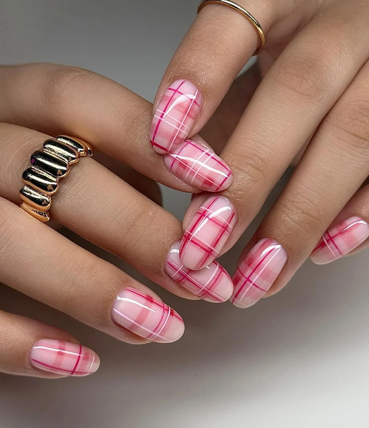 Pink base plaid with red and white lines
