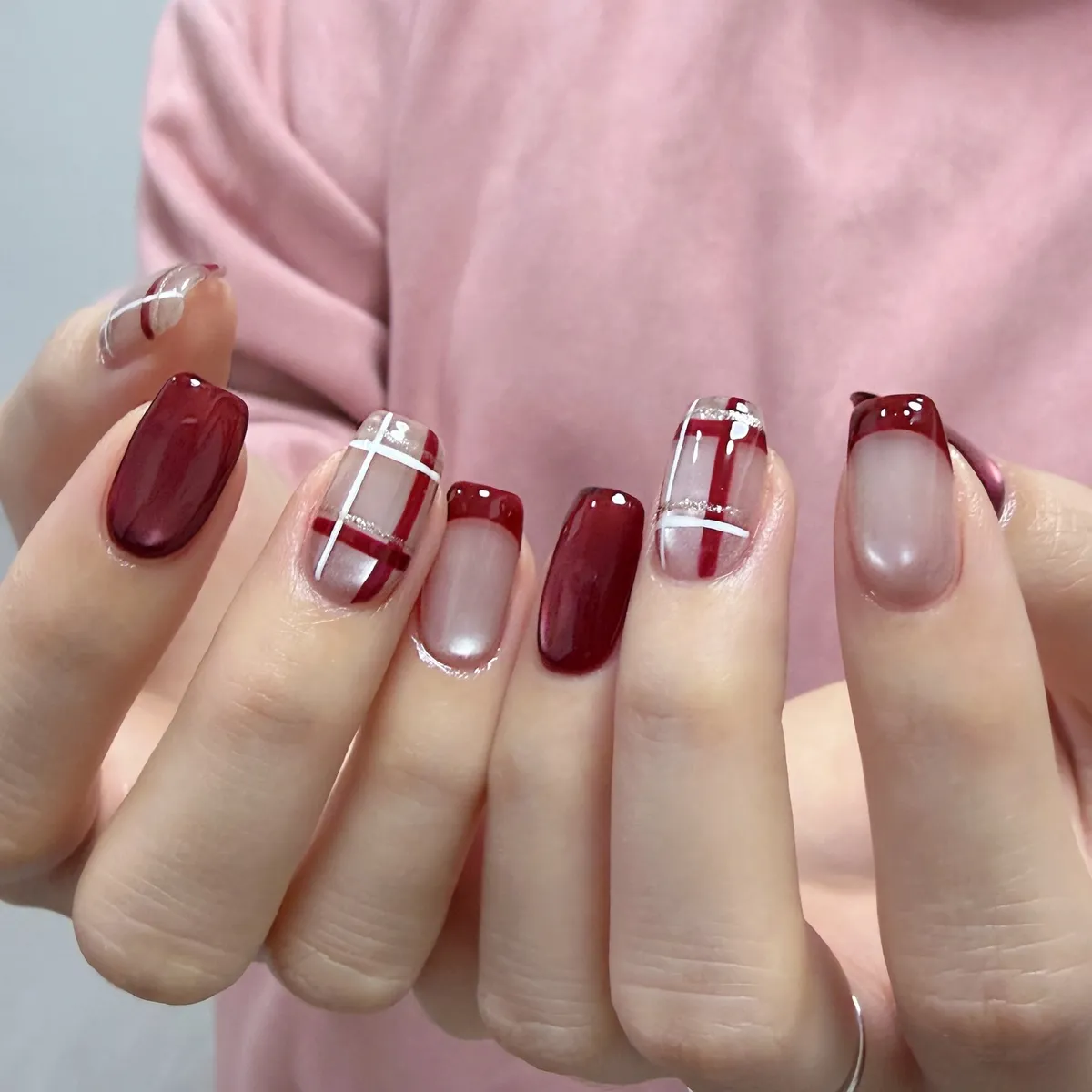Deep Red with Translucent Tips and Plaid Accents