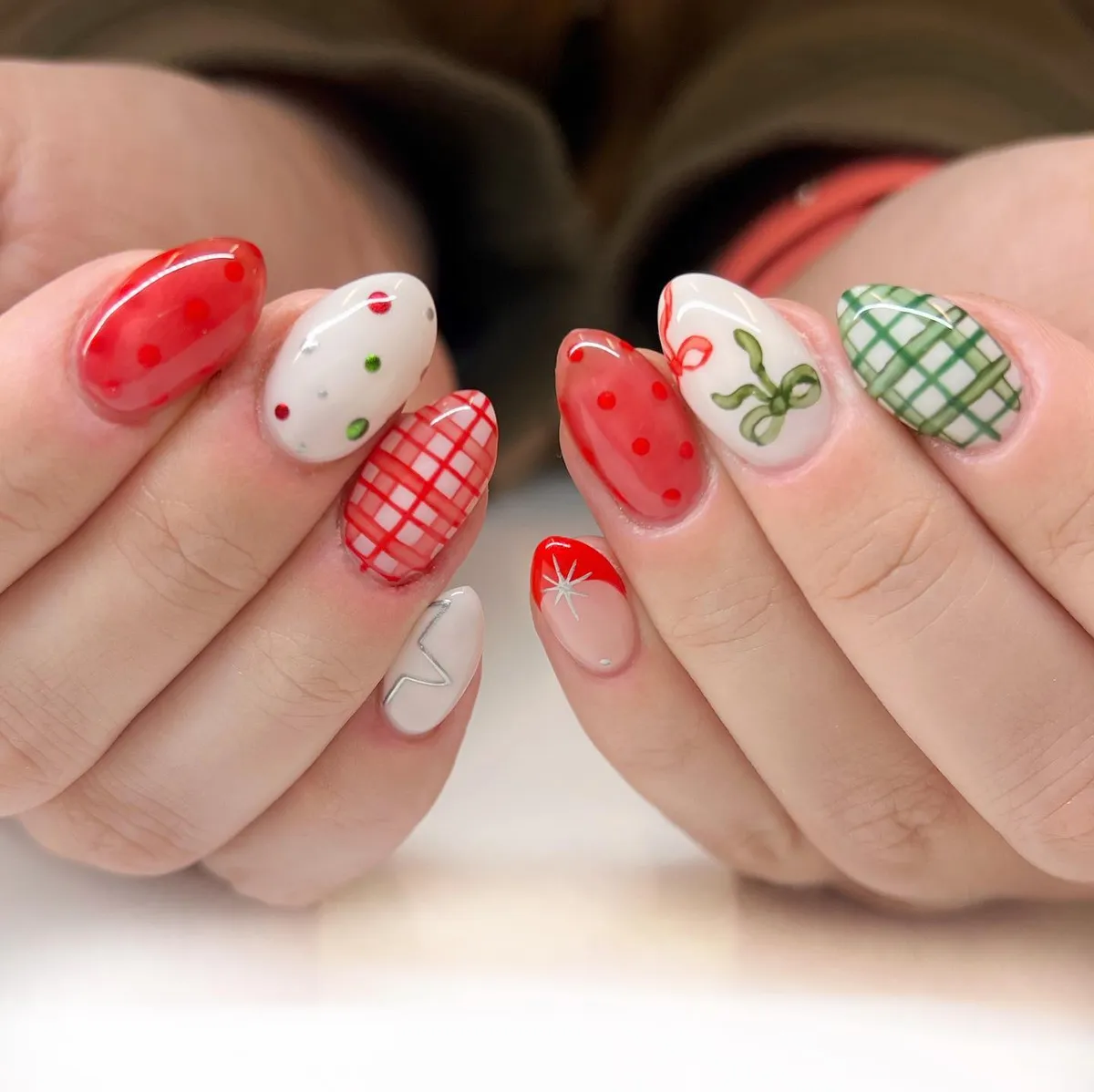 Mixed red plaid with polka dots, bow, and green plaid