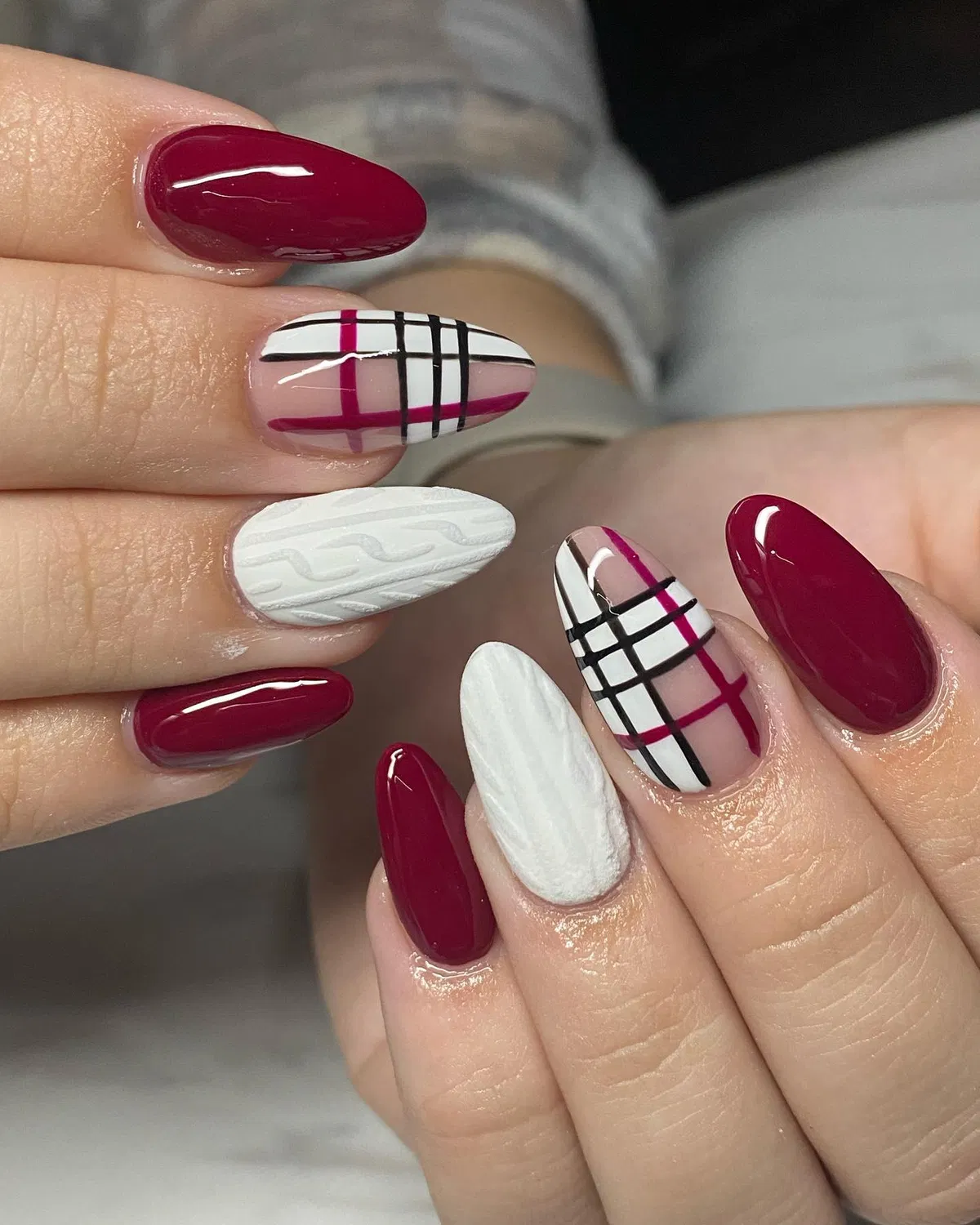 Burgundy with White Plaid and Textured White Accents