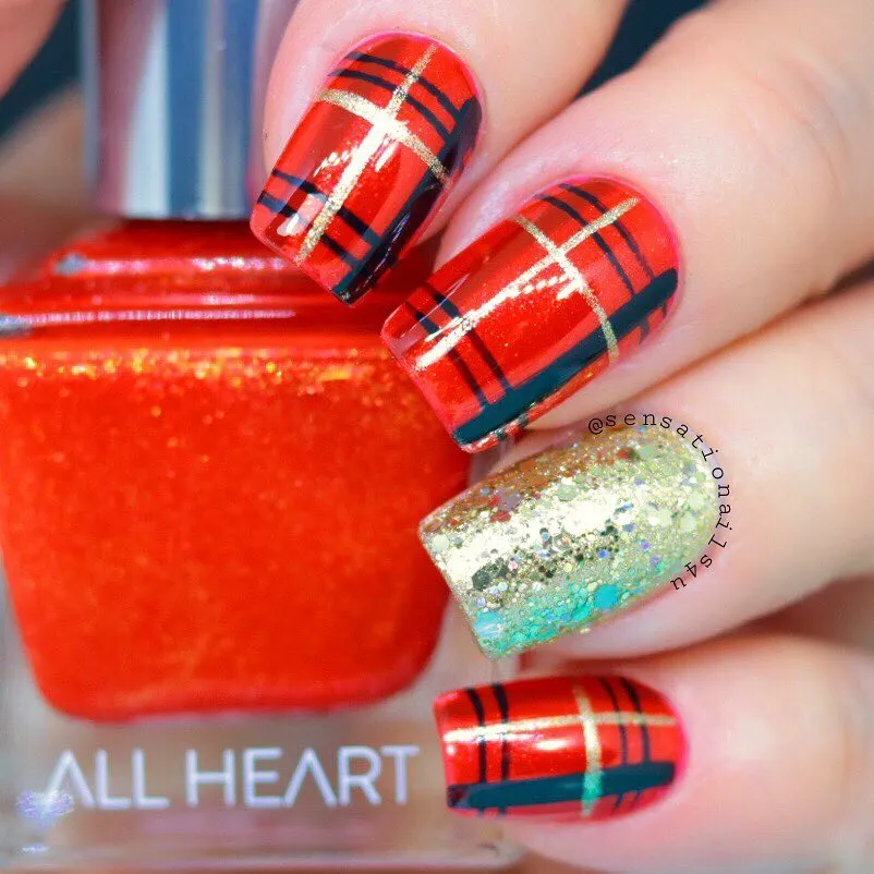 Bright red plaid with black-and-gold lines and glitter accent
