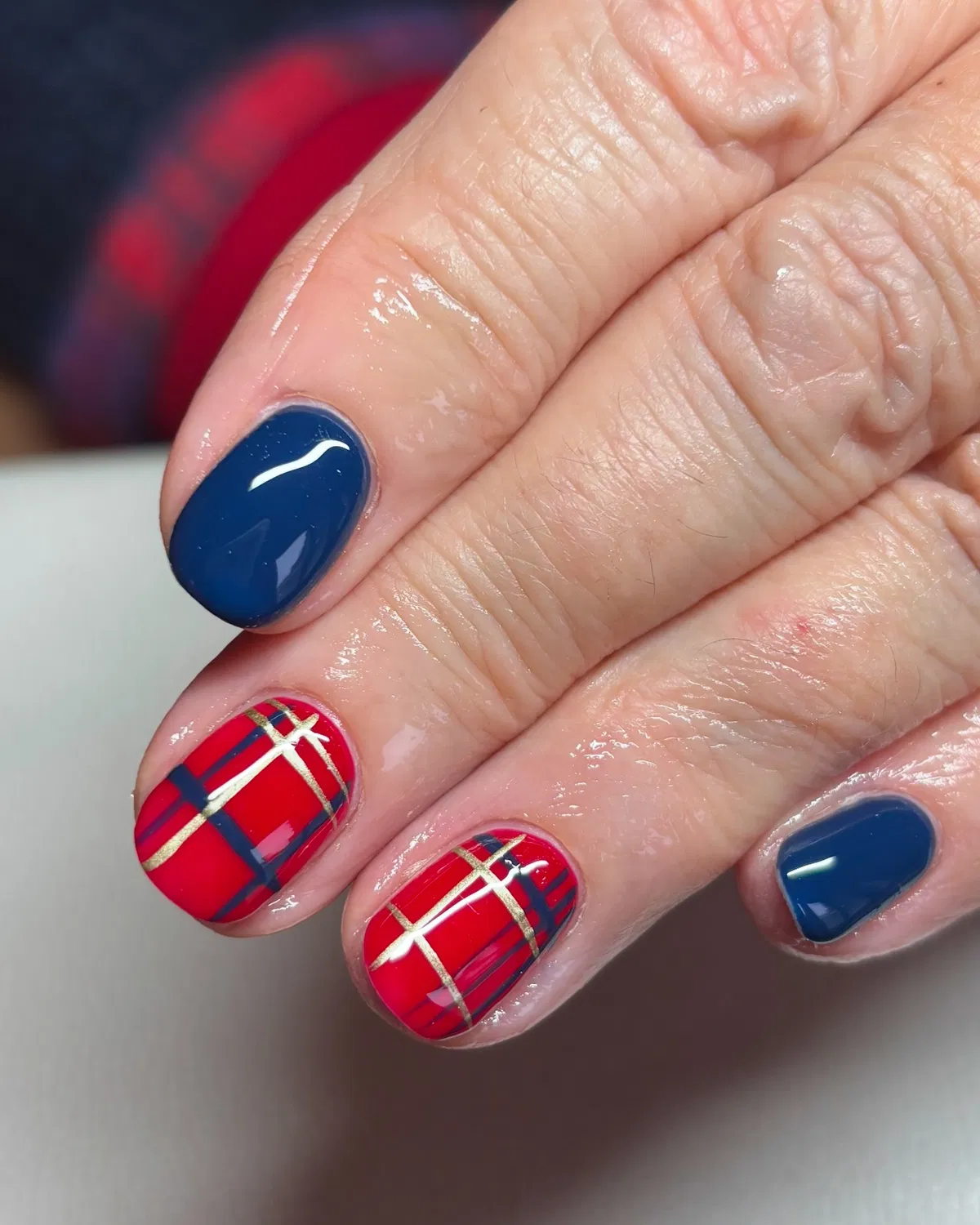 Navy solids with red plaid and gold striping