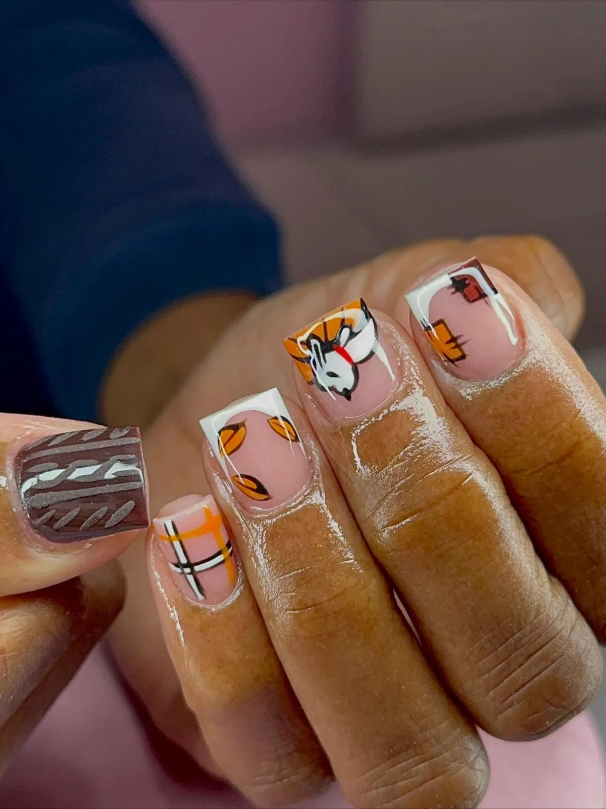 Mixed graphic set with French tips, leaves, and character art