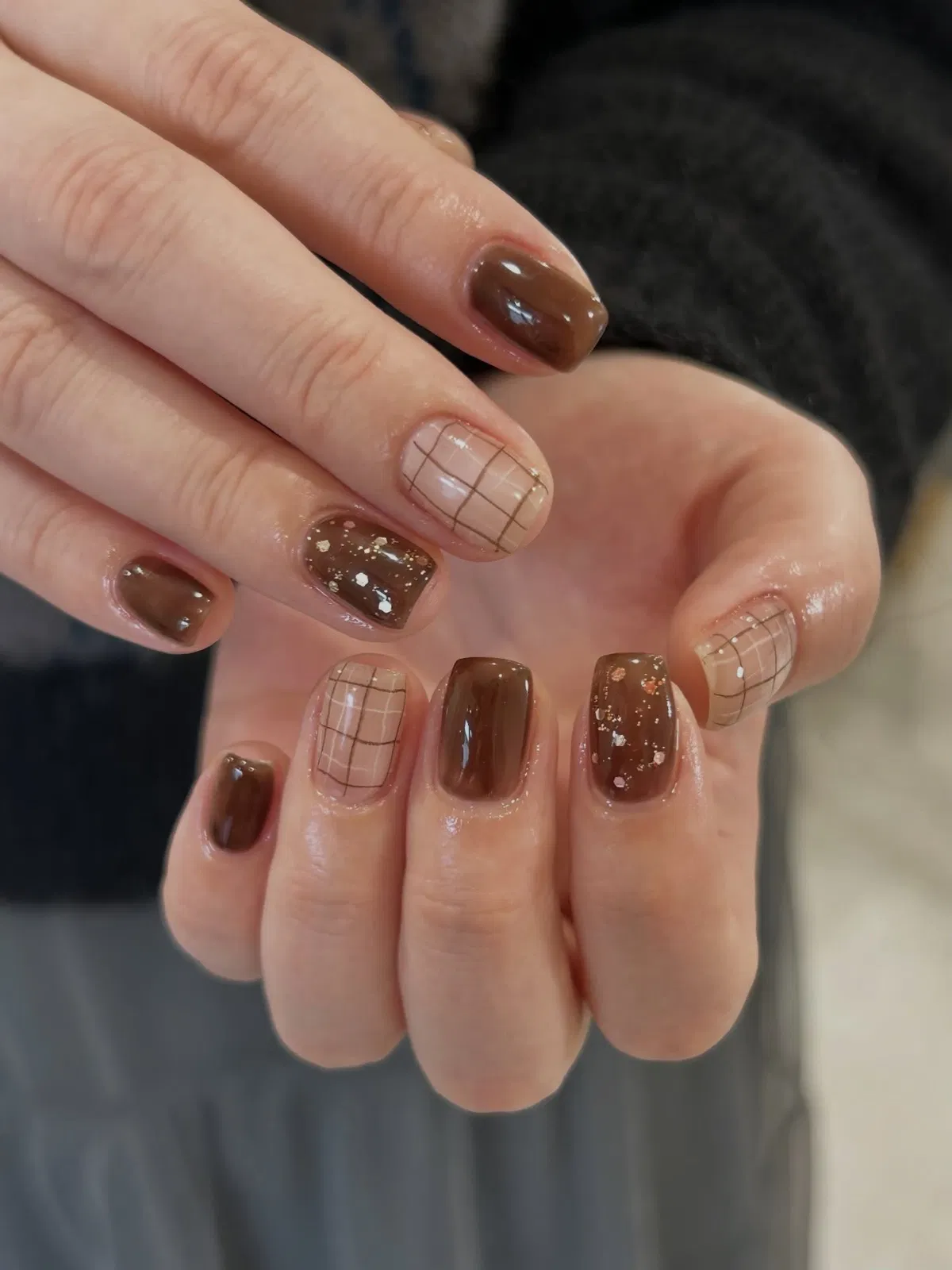 Brown and nude grid with speckled accents