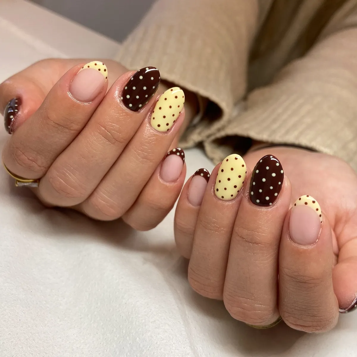 Polka dots with brown and yellow accents