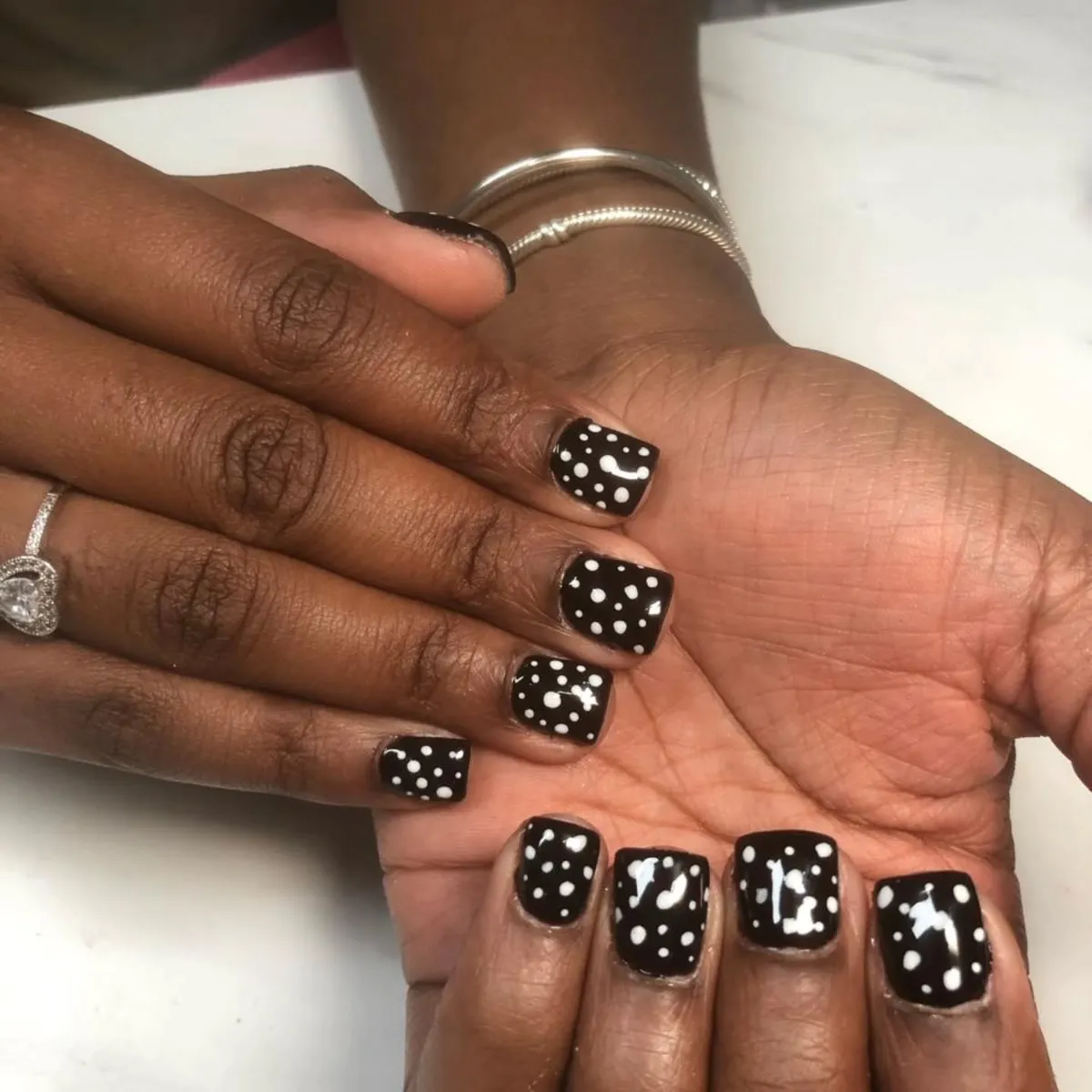 Black Nails with White Polka Dots