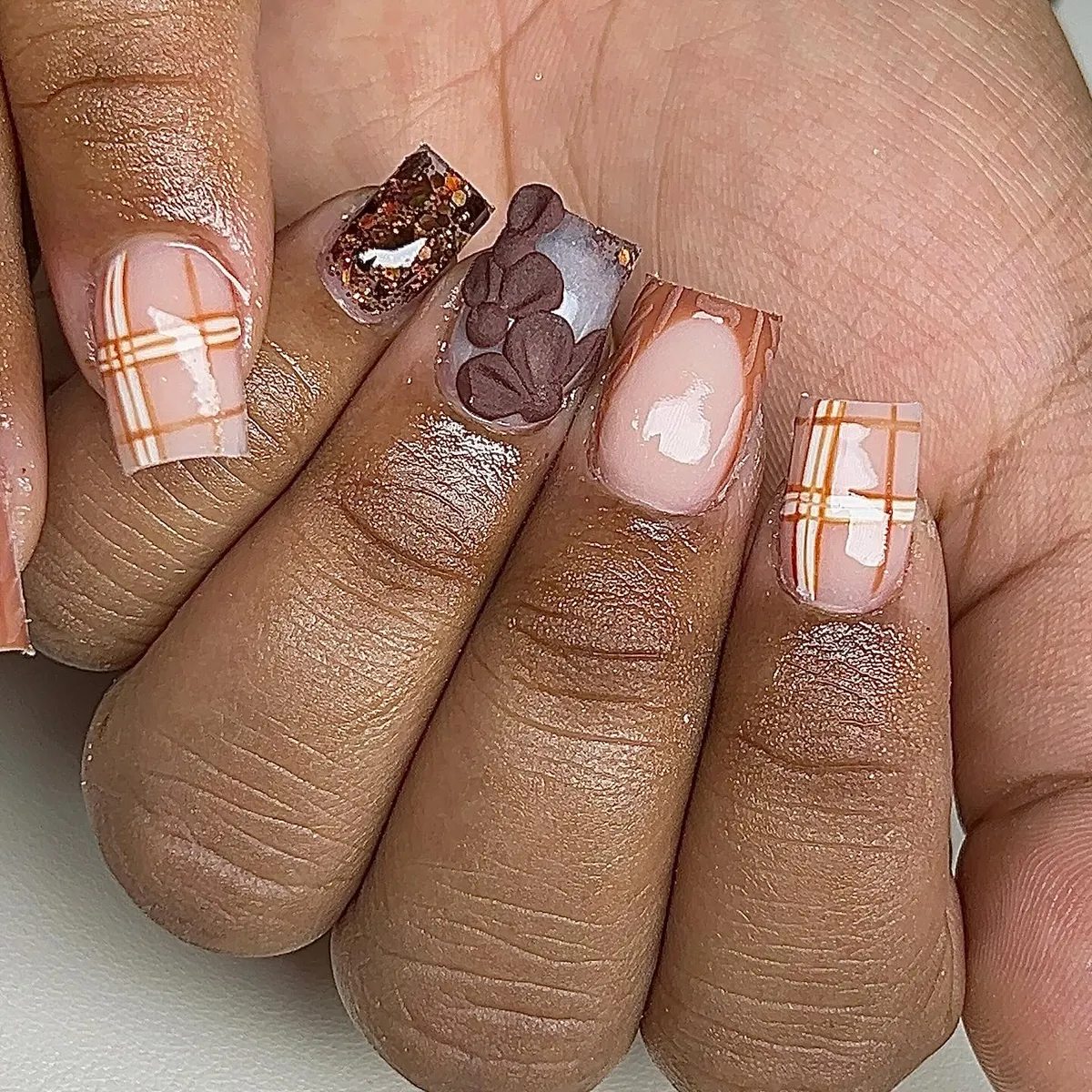 Peachy Plaid Mix with Brown Glitter and Leaf Accent