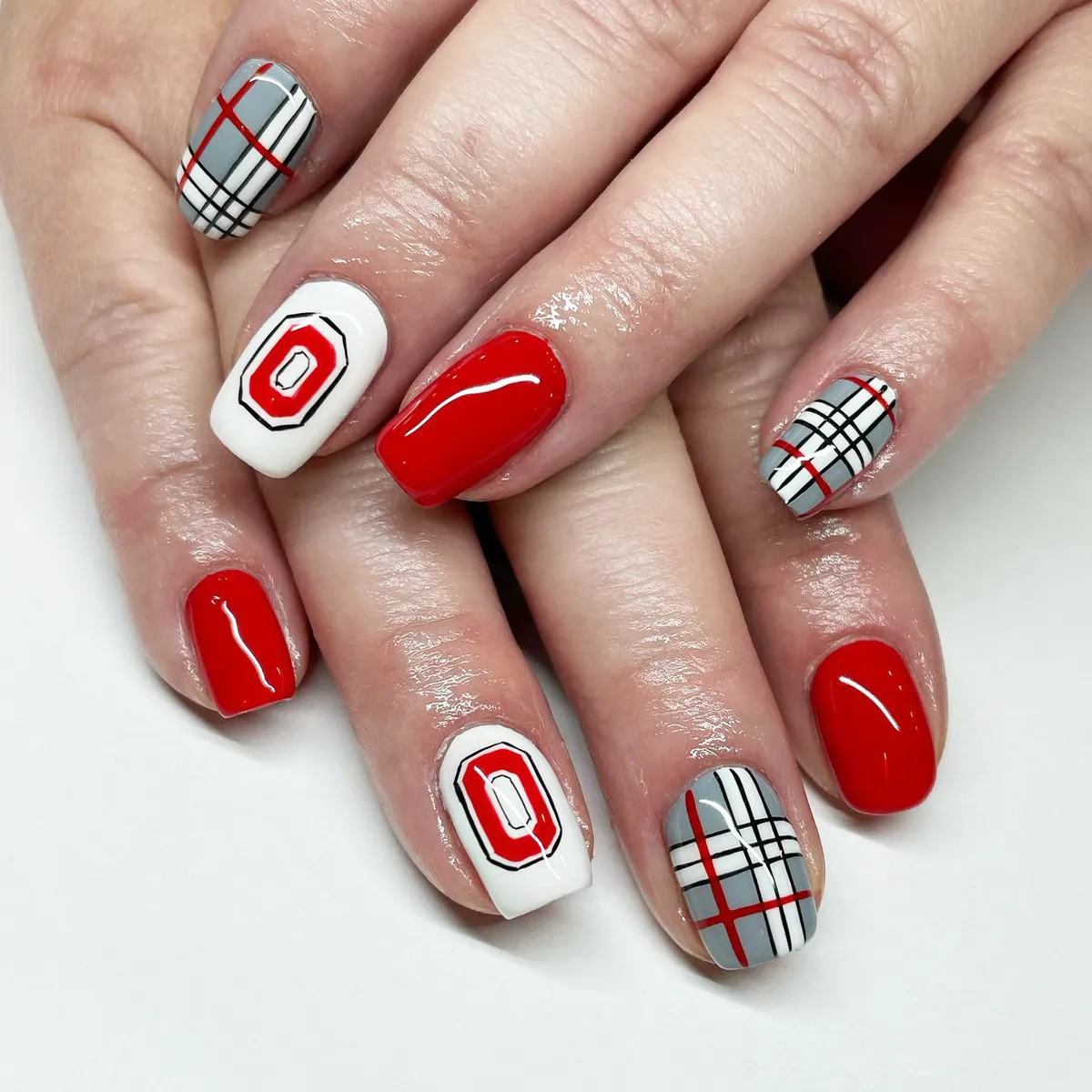 Red Solids with Gray Plaid Accents and “O” Motifs