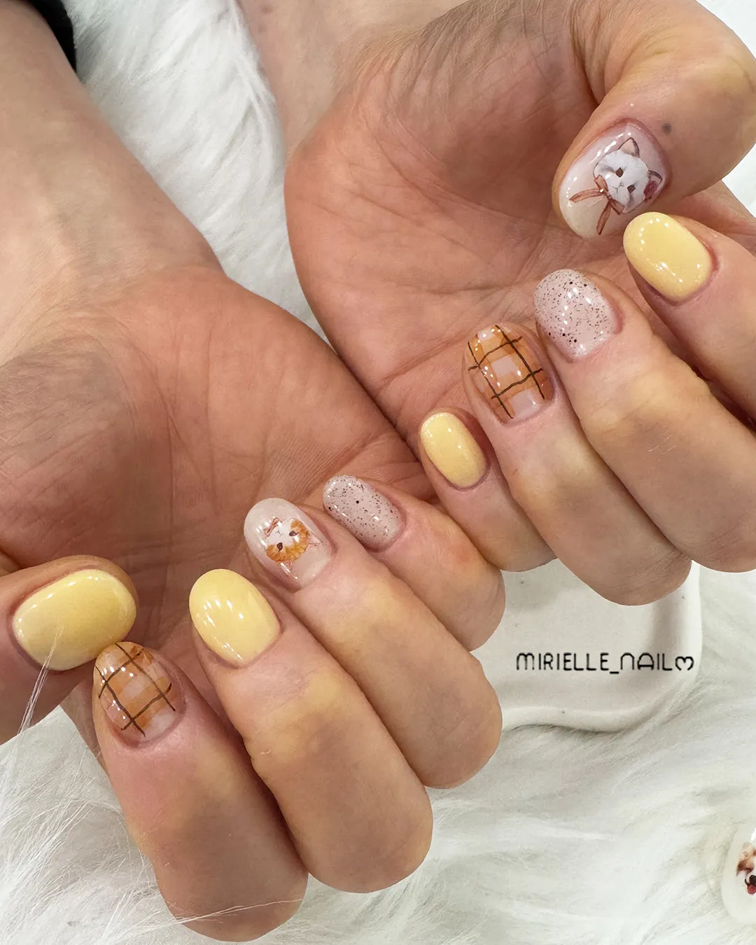 Pale yellow mix with plaid grid, speckles, and illustrated accents