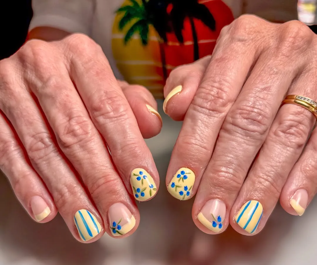 Nude and pale yellow mix with blue florals and stripes