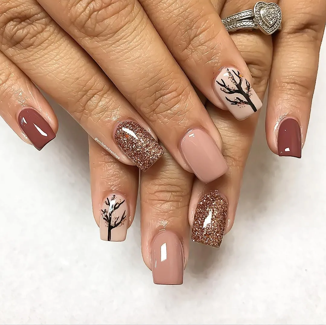 Mauve and nude set with copper glitter and branch silhouettes