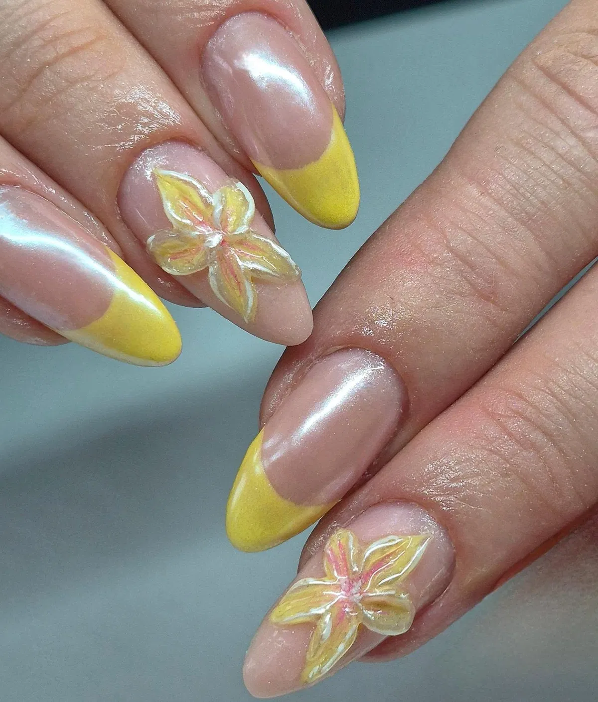 Bright yellow solids with blue stripes and lemon-slice art