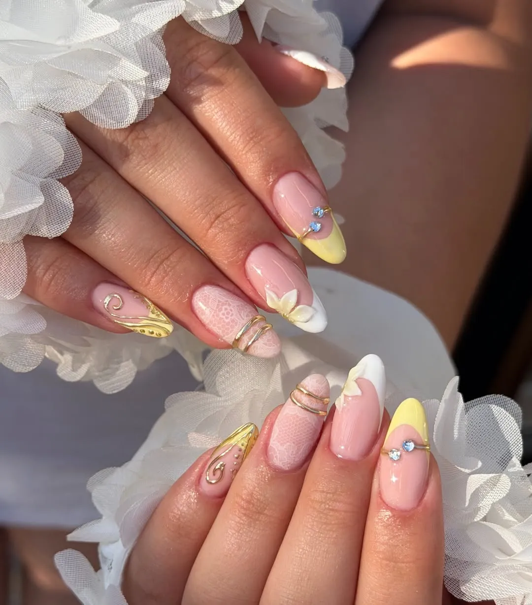 Nude pink with yellow/white tips and raised florals