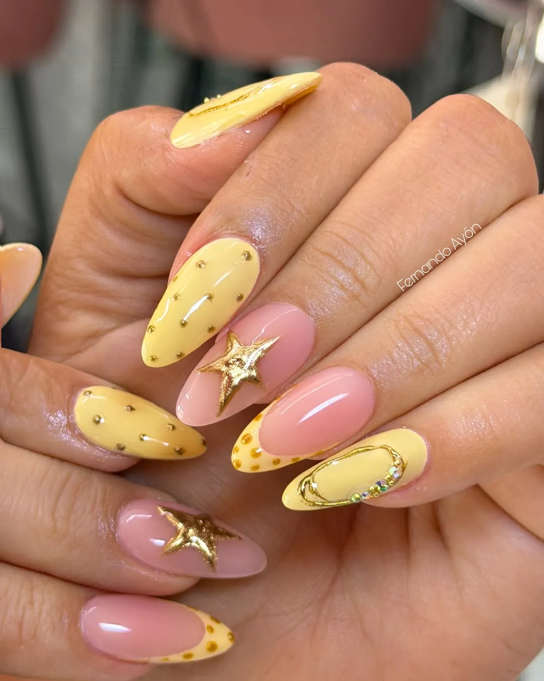 Pale yellow mix with gold stars and studs