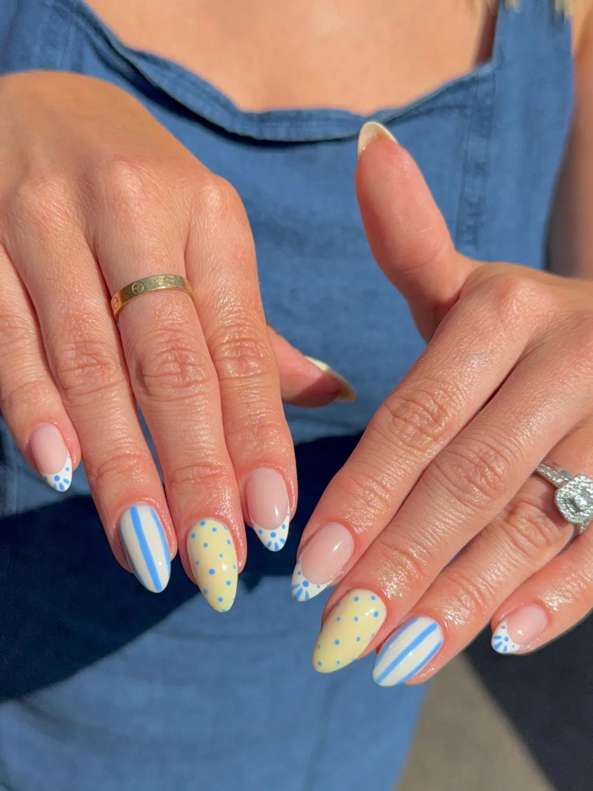 Blue-and-yellow mix with stripes, dots, and tip accents