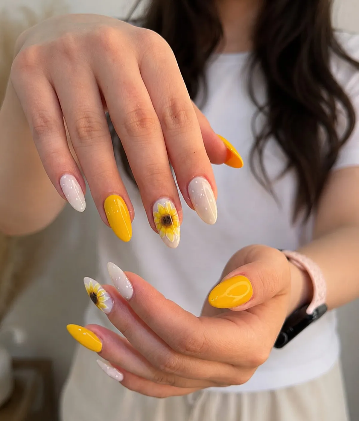 Bright yellow solids with sunflower accent nails