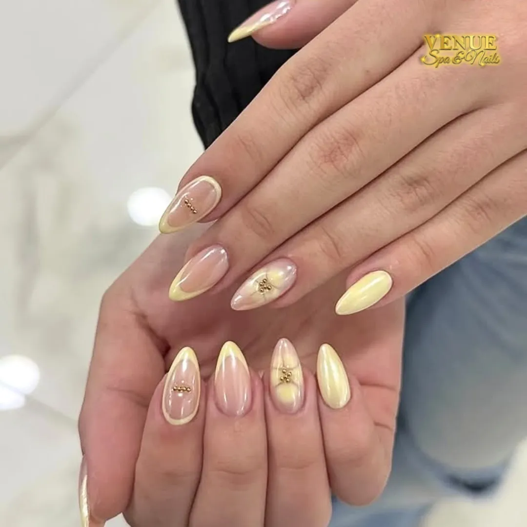 Sheer nude and pale yellow mix with gold bead accents