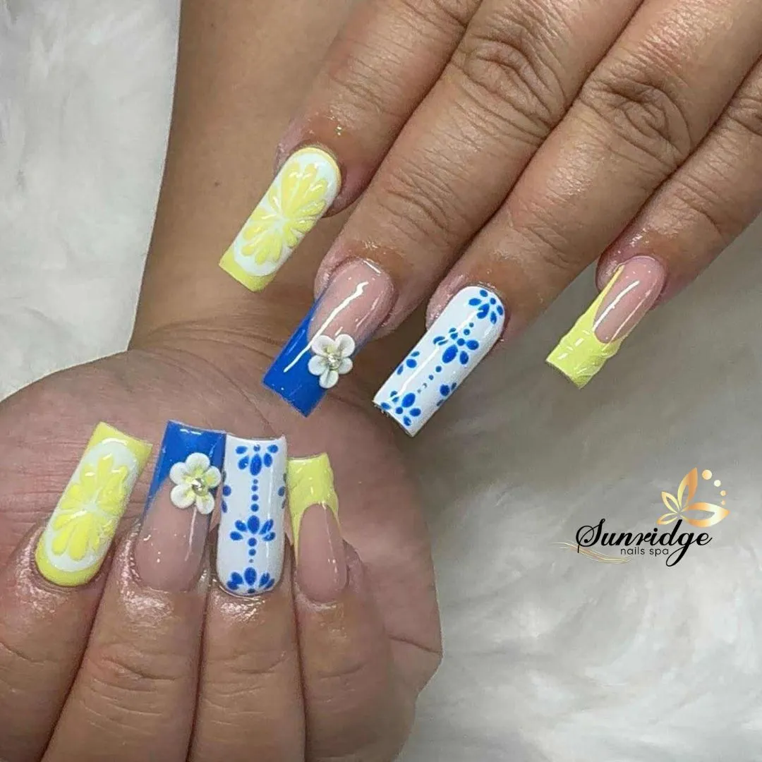 French Tips and Blue Florals with 3D Flowers