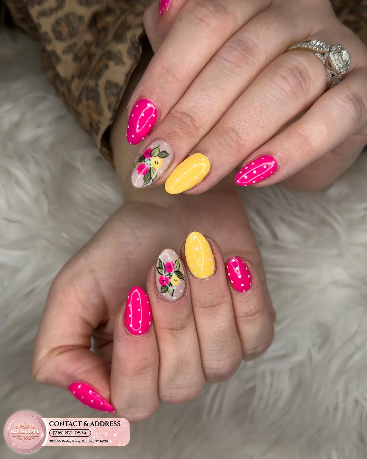 Hot pink and yellow with dotted accents and a floral feature nail