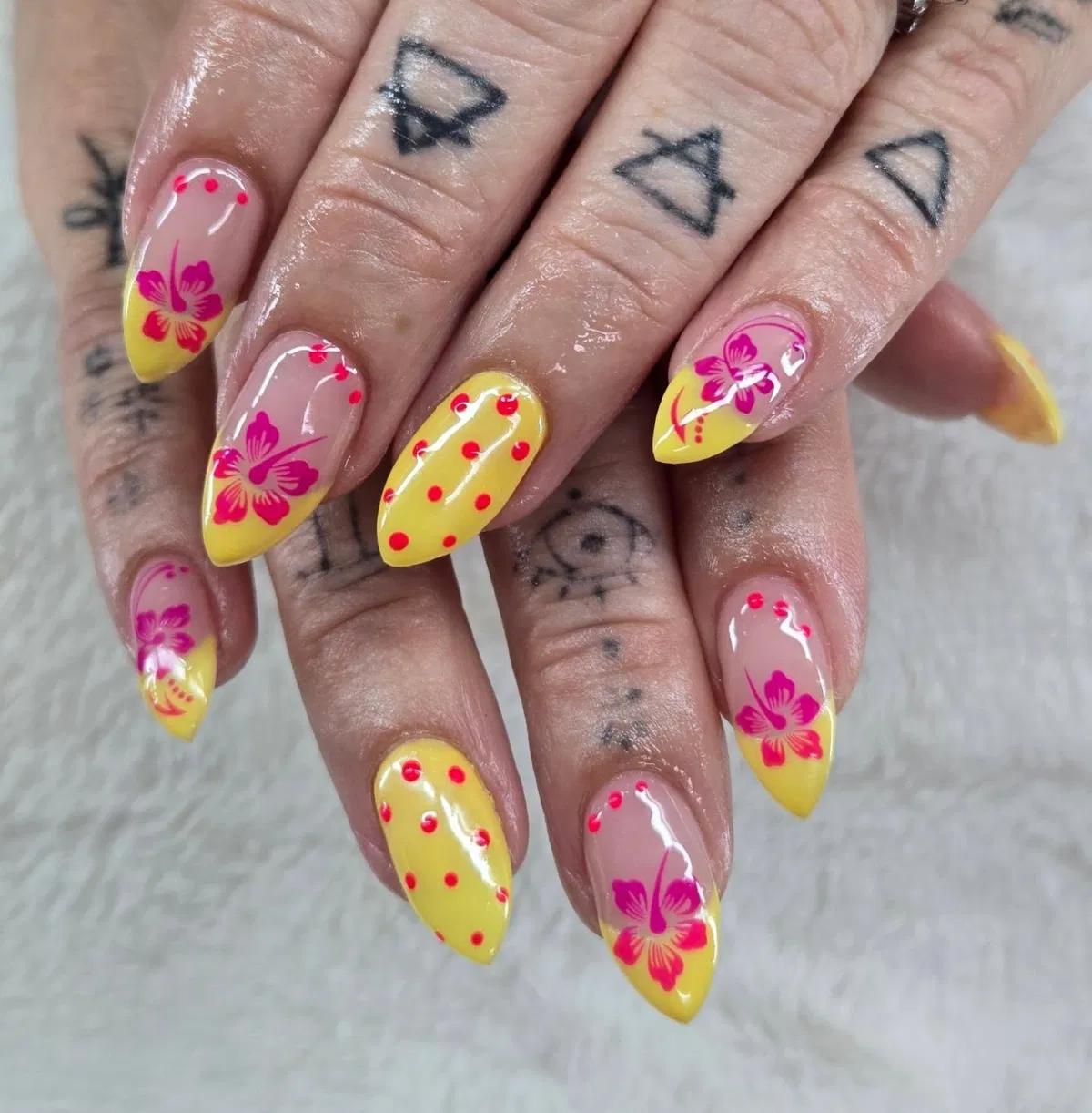 Yellow Tips with Hot-Pink Floral Art