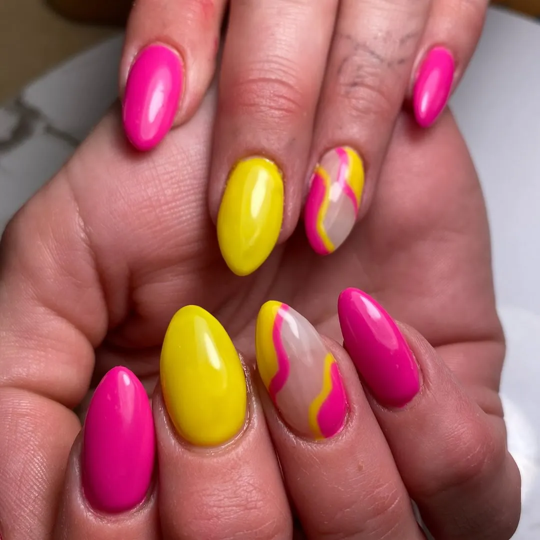 Solid brights with nude-and-wavy line accents