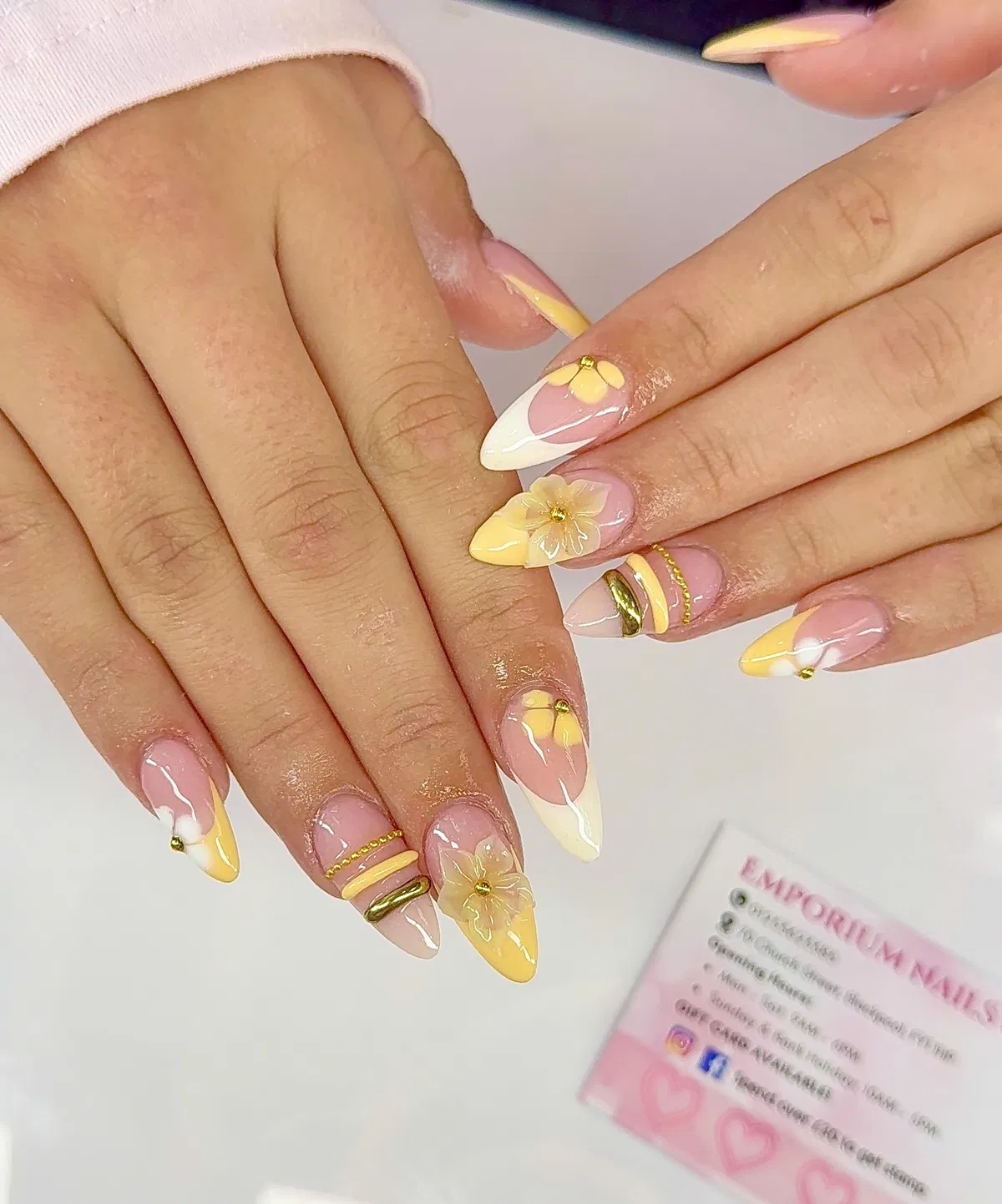 Pale Yellow and White Tips with Gold Floral Accents