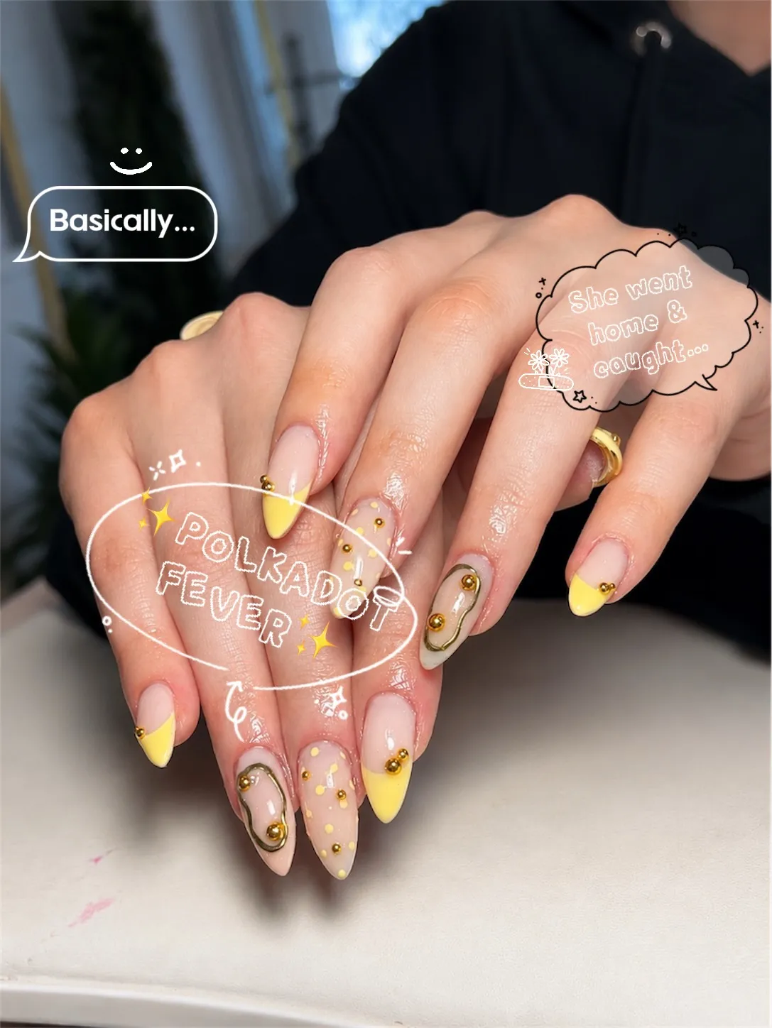 Polka-dot yellow tips with gold beads and overlay text