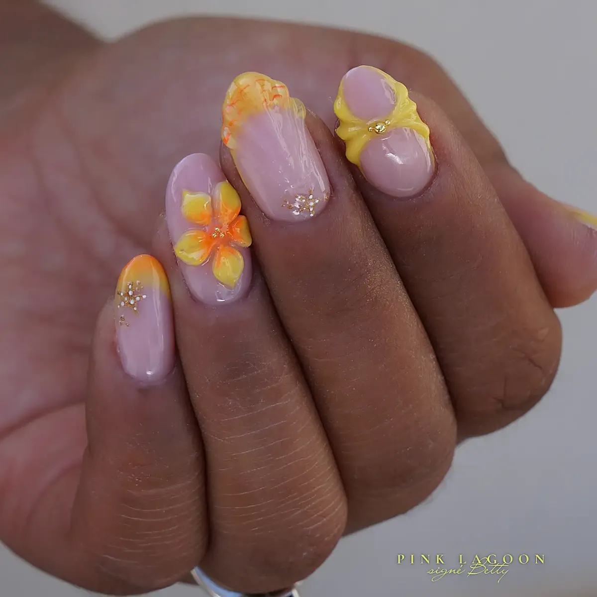 Pink base with yellow accents, 3D flower and bow details