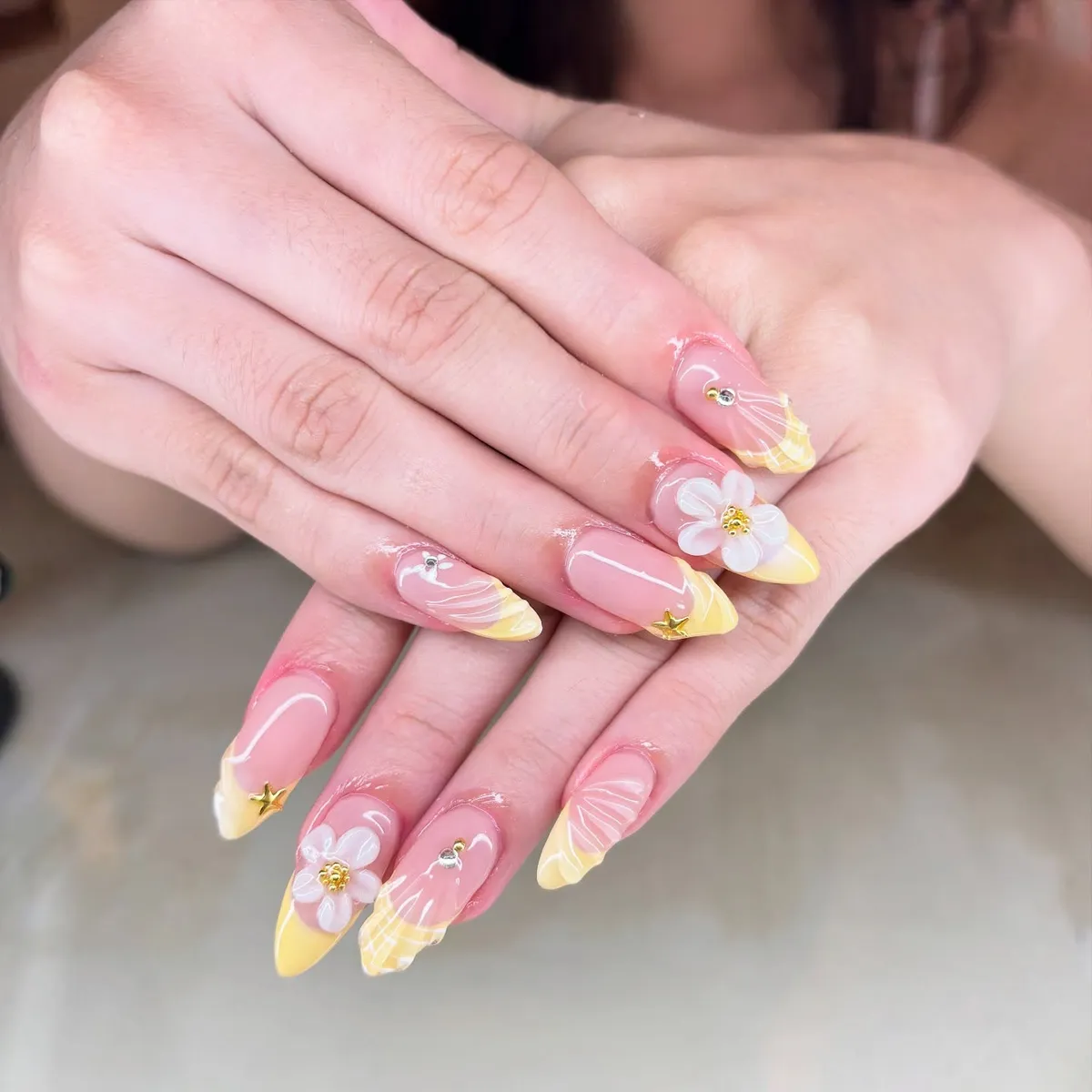 Yellow French Tips with 3D White Flowers and Gold Stars