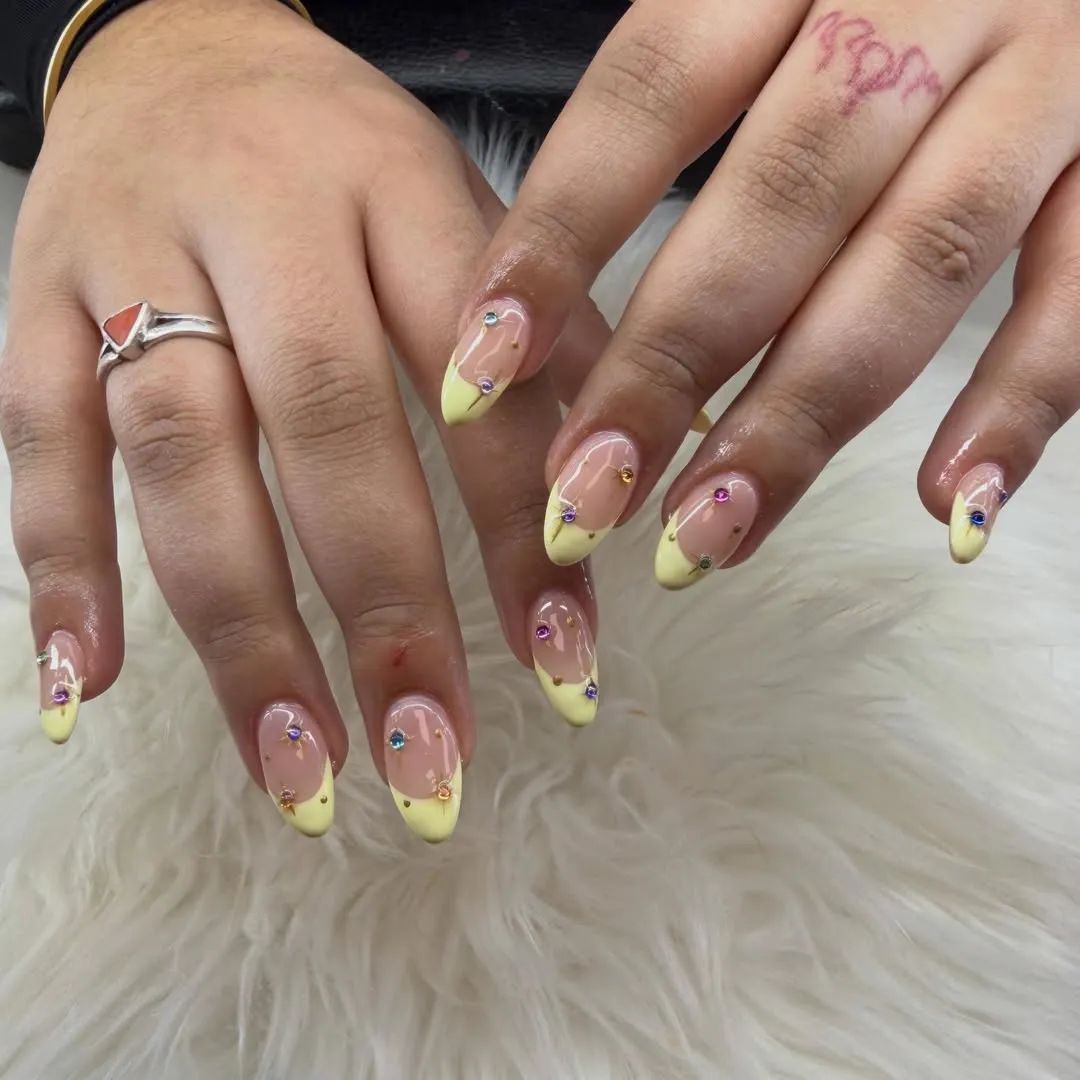 Pale Yellow Tips with Multicolored Rhinestone Accents