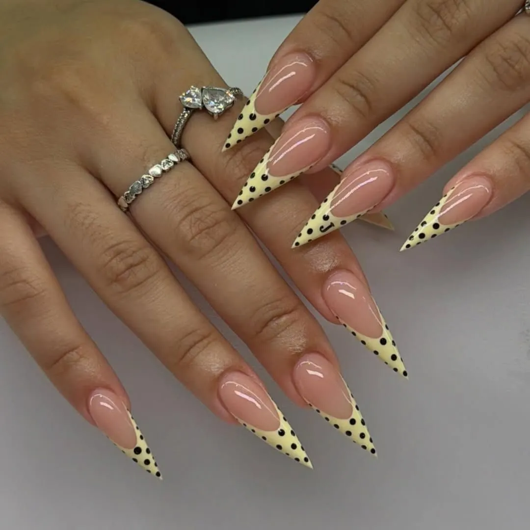 Stiletto Yellow Polka-Dot French Tips