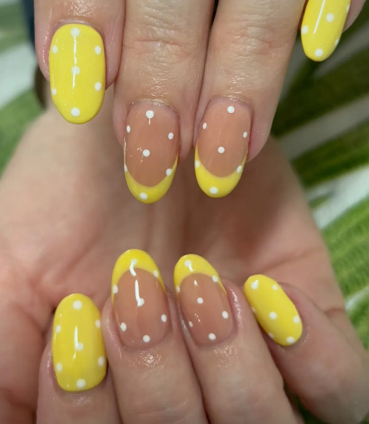 Yellow French Tips with White Polka Dots