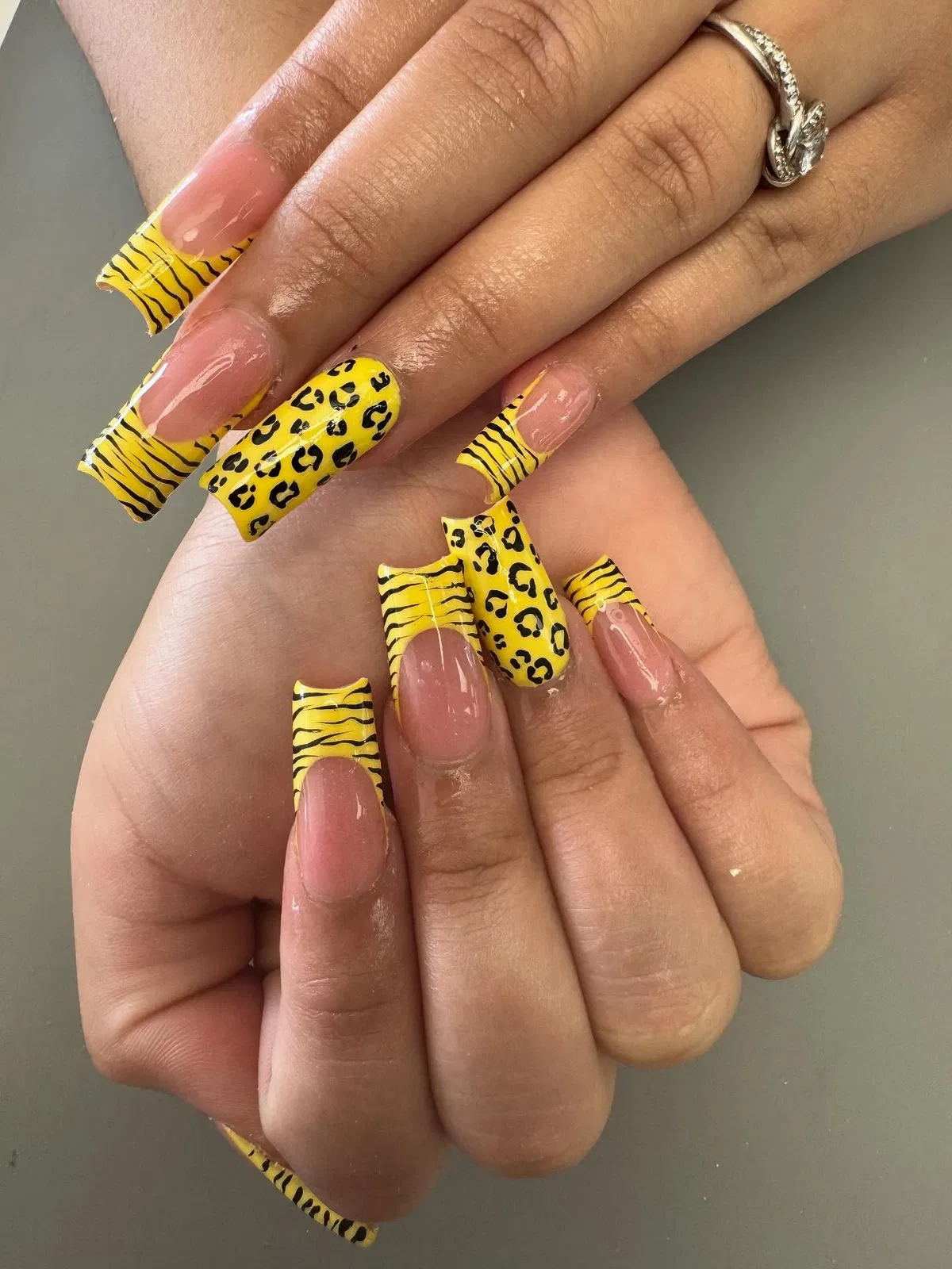 Yellow French Tips with Animal-Print Patterns