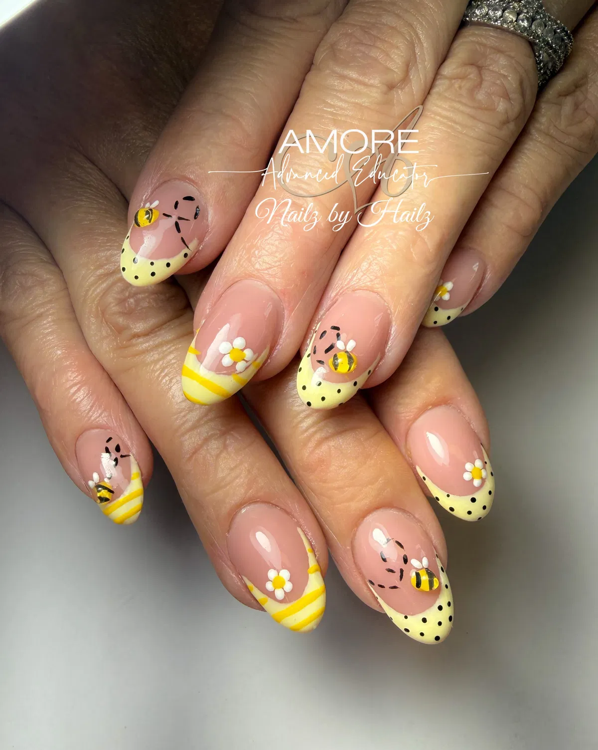 Bee and Daisy Nail Art with Yellow French Tips