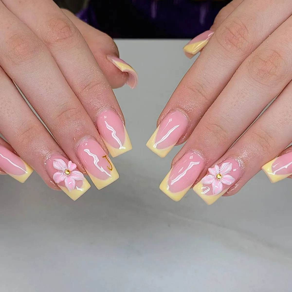 Square Yellow French Tips with 3D Pink Flowers and Gold Initial