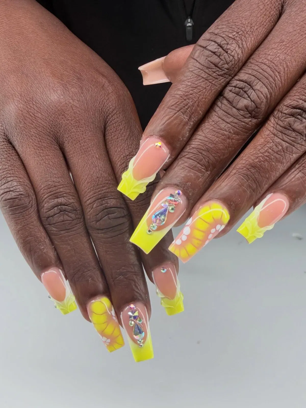 Neon yellow square tips with rhinestone accents