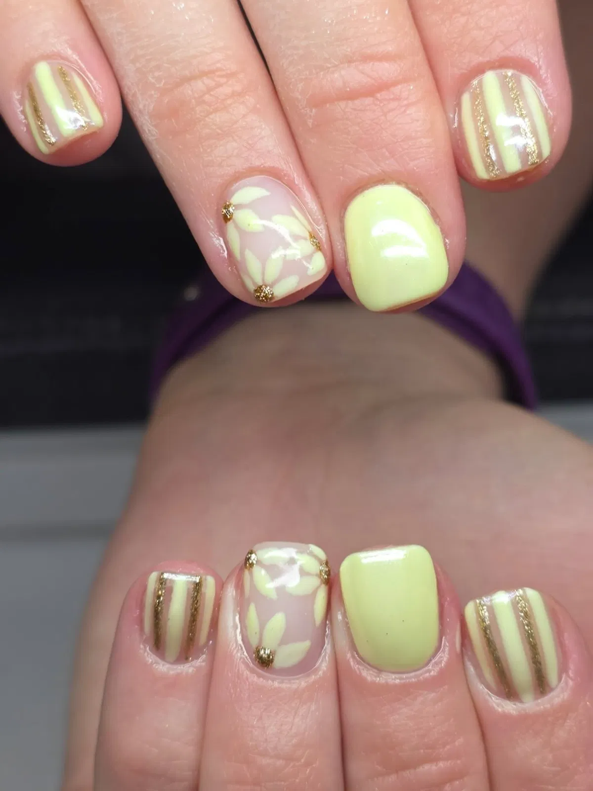 Pale yellow solids with gold-striped and leaf-pattern accents