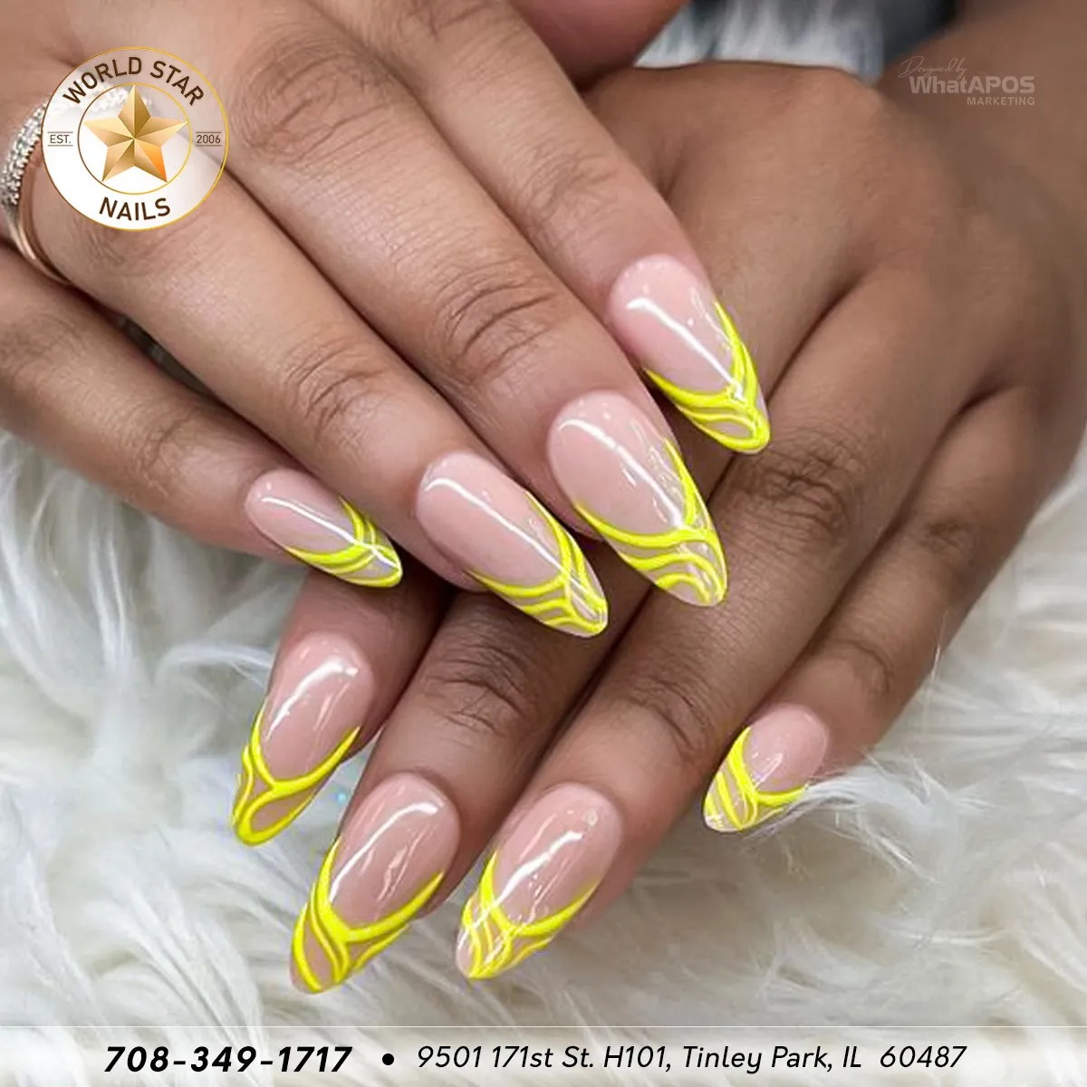 Neon yellow outlined French tips with curved linework