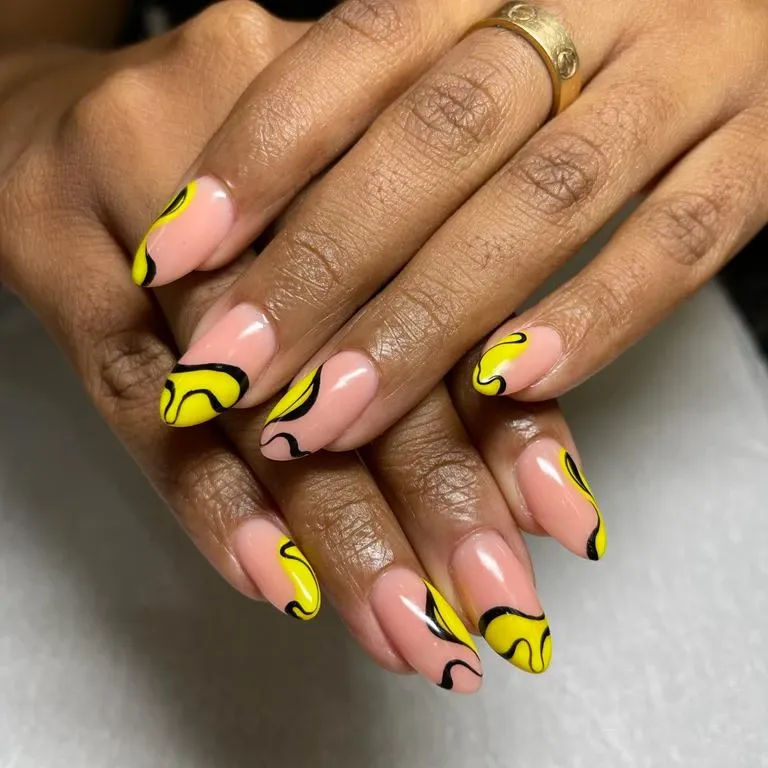 Abstract Yellow Swirls with Black Outlines