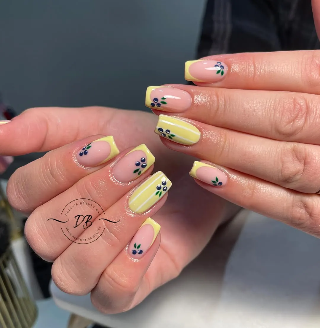 Pale Yellow French Tips with Blue-and-Green Mini Motifs