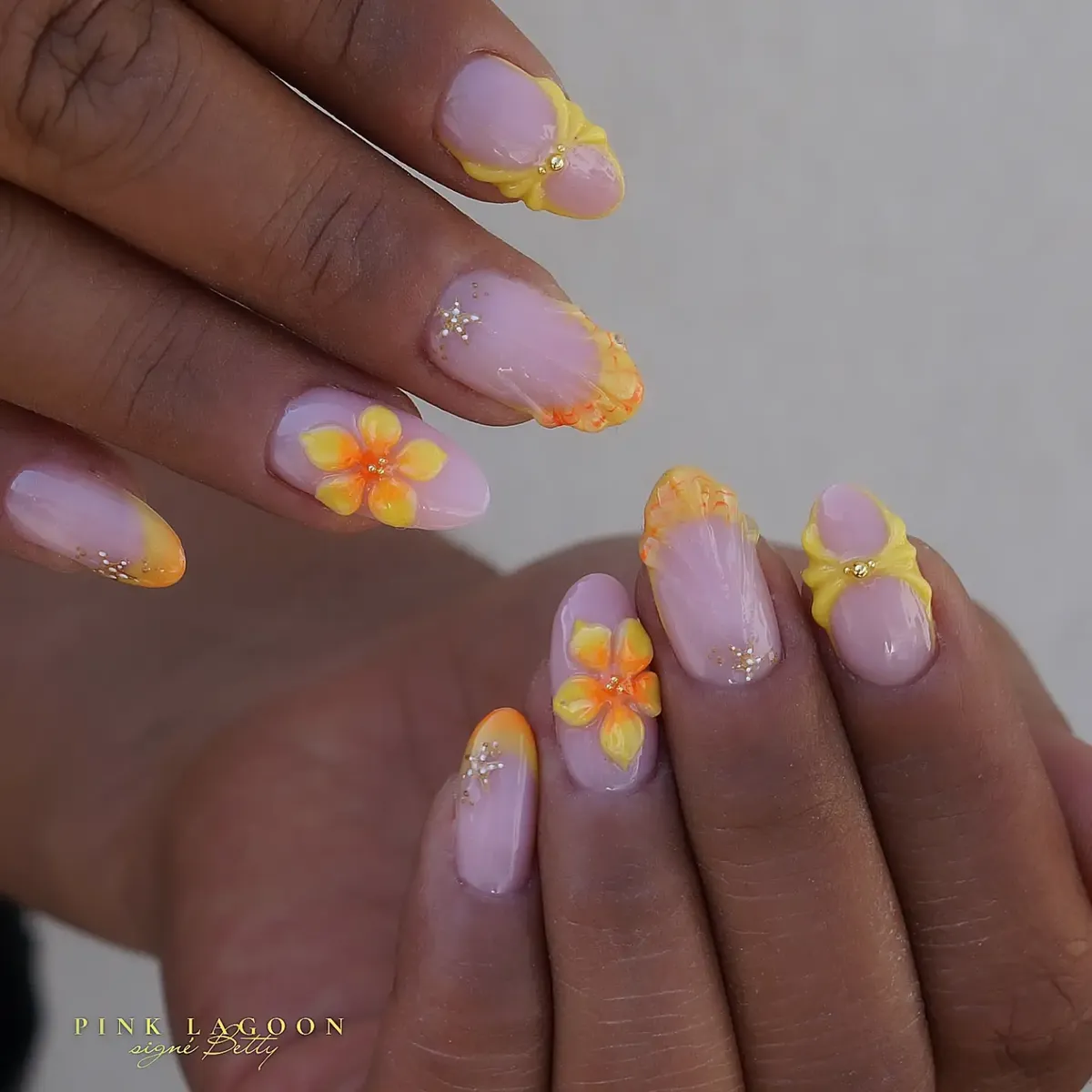 Soft Pink Base with Yellow-Orange Gradient and 3D Flowers