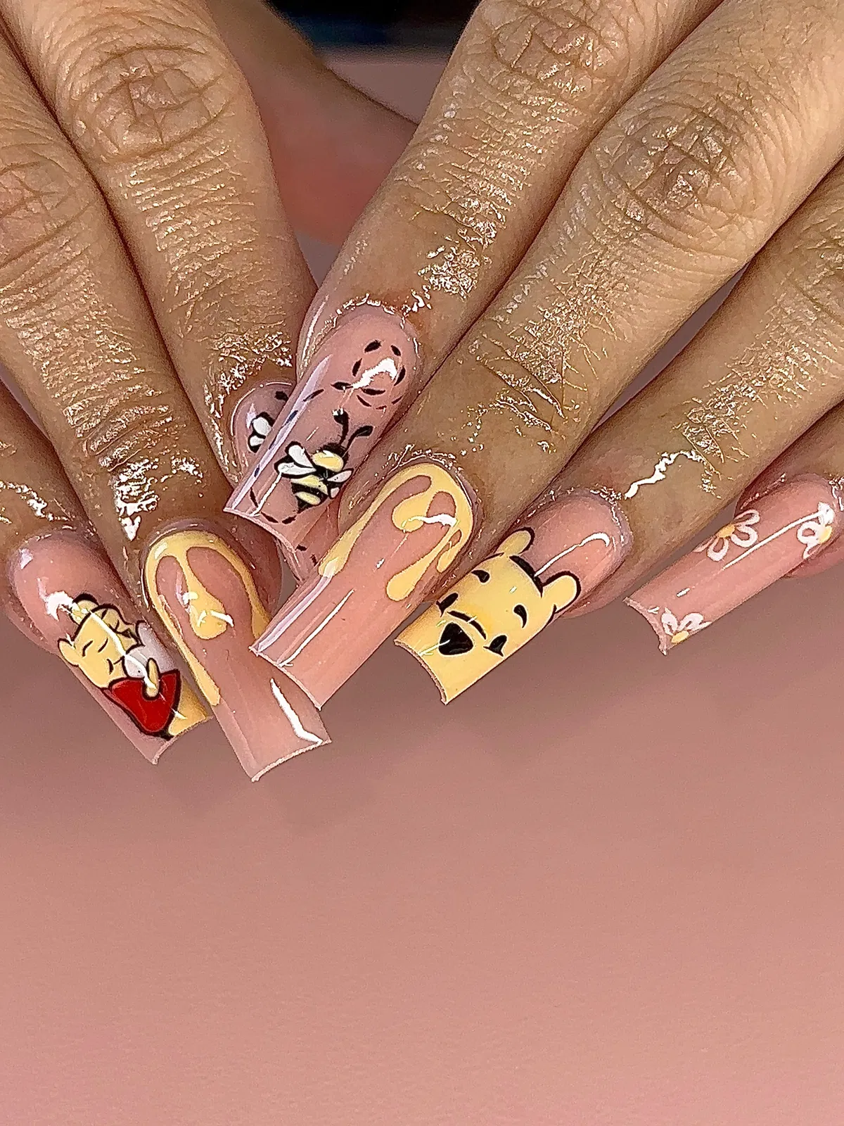 Nude Base with Yellow Drips, Bee Art, and Character Accent
