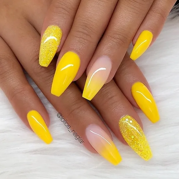 Bright Yellow Coffin Set with Ombre and Yellow Glitter Accents
